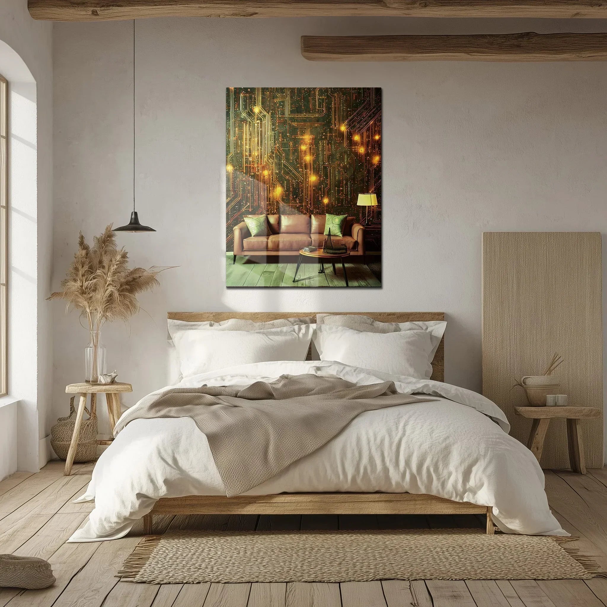 Circuit Board Living Room Glass Wall Art – Futuristic Tech-Inspired Home Scene-KAFCD010 Peony Atelier