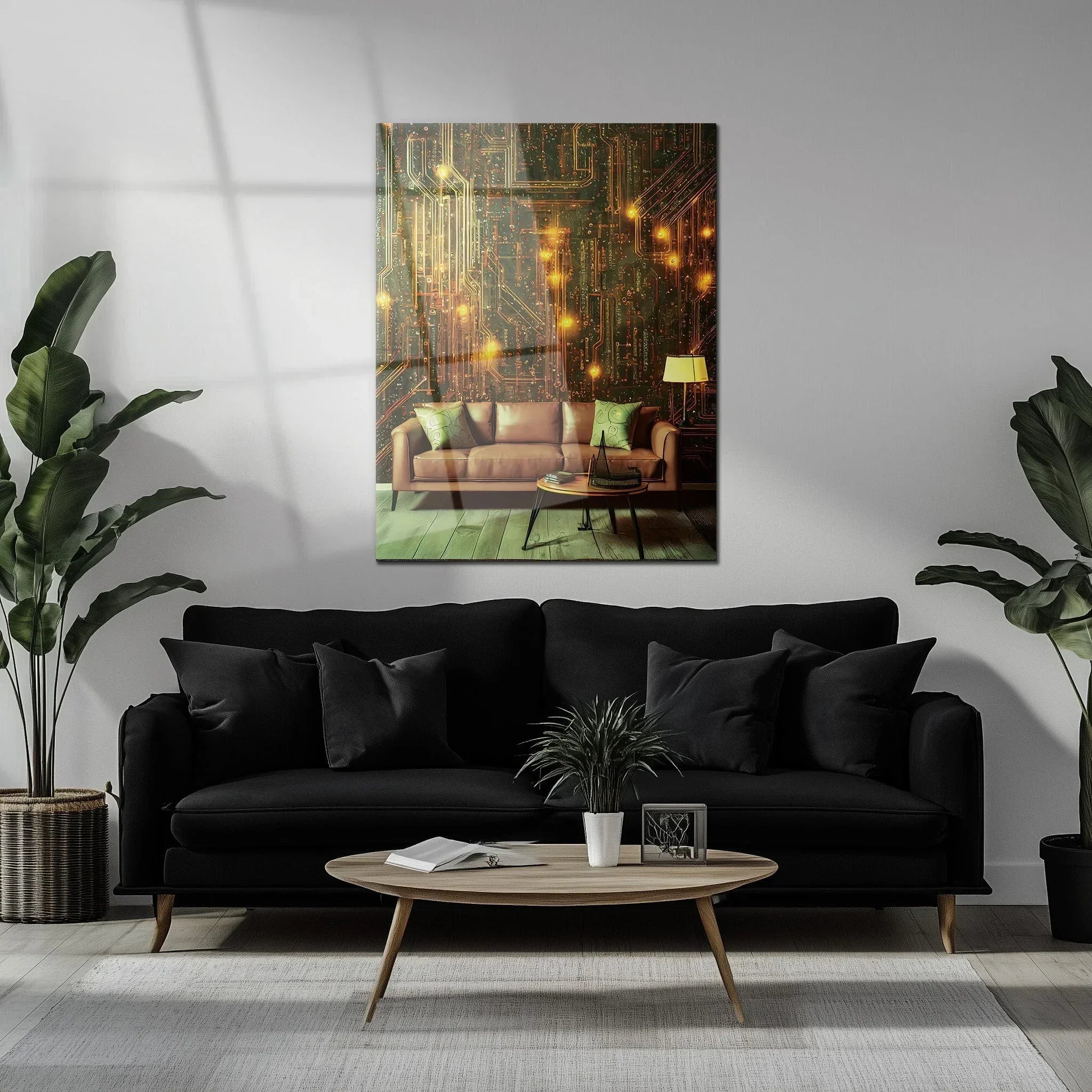 Circuit Board Living Room Glass Wall Art – Futuristic Tech-Inspired Home Scene-KAFCD010 Peony Atelier