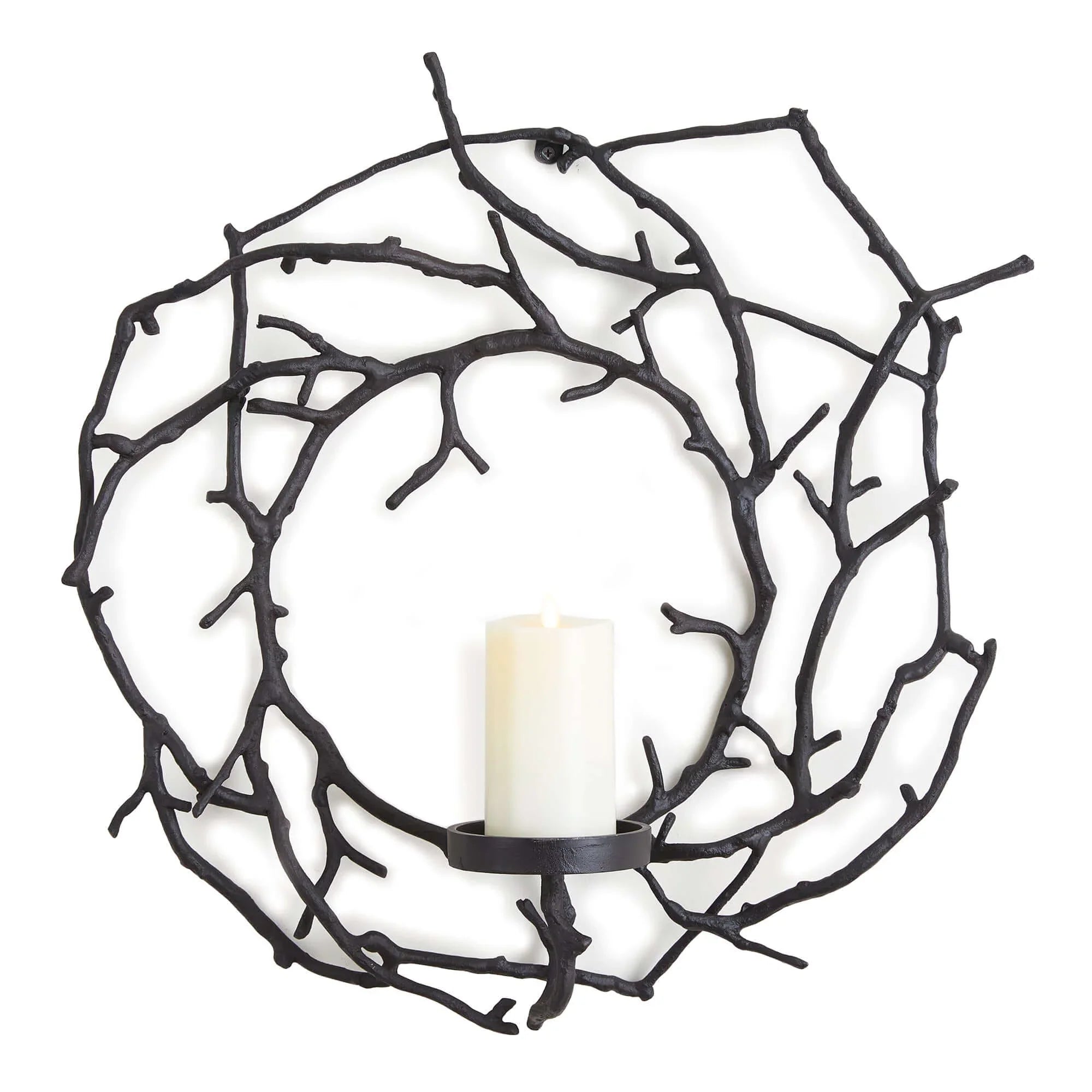 Black branch wall candle holder, circular metal frame - House of Avana