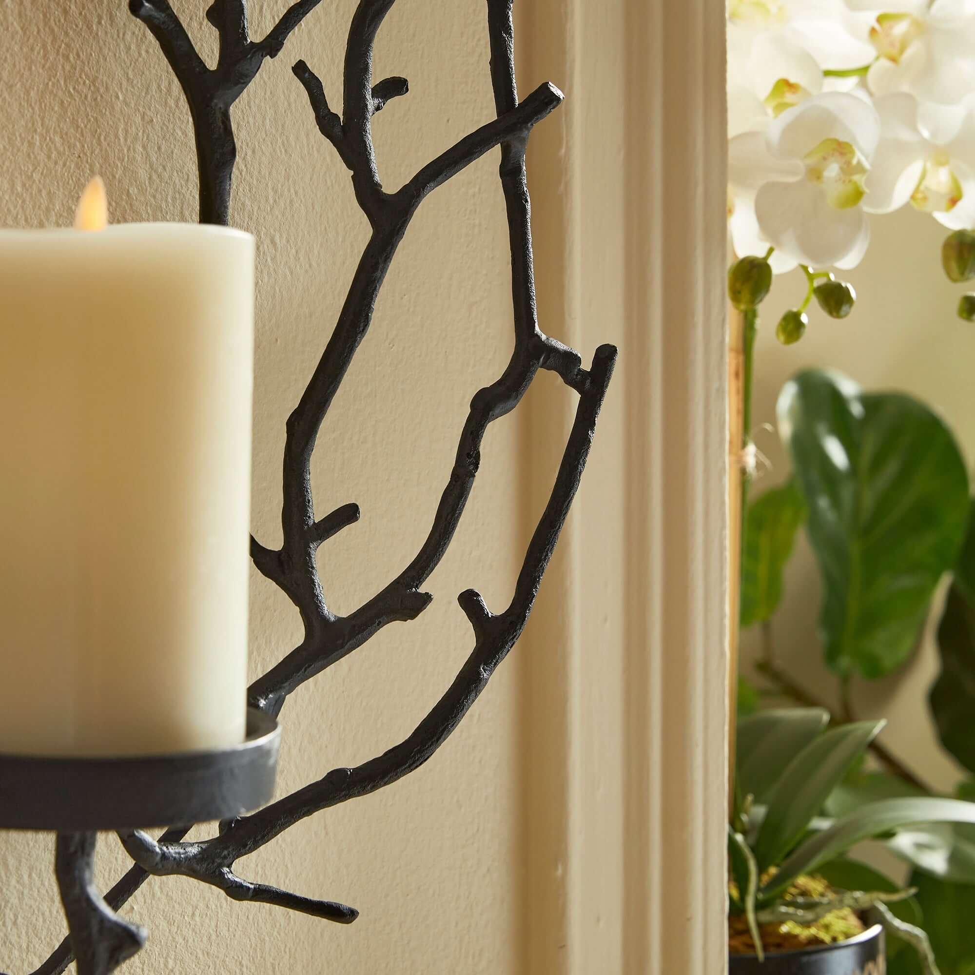 Black branch wall candle holder, circular metal frame - House of Avana