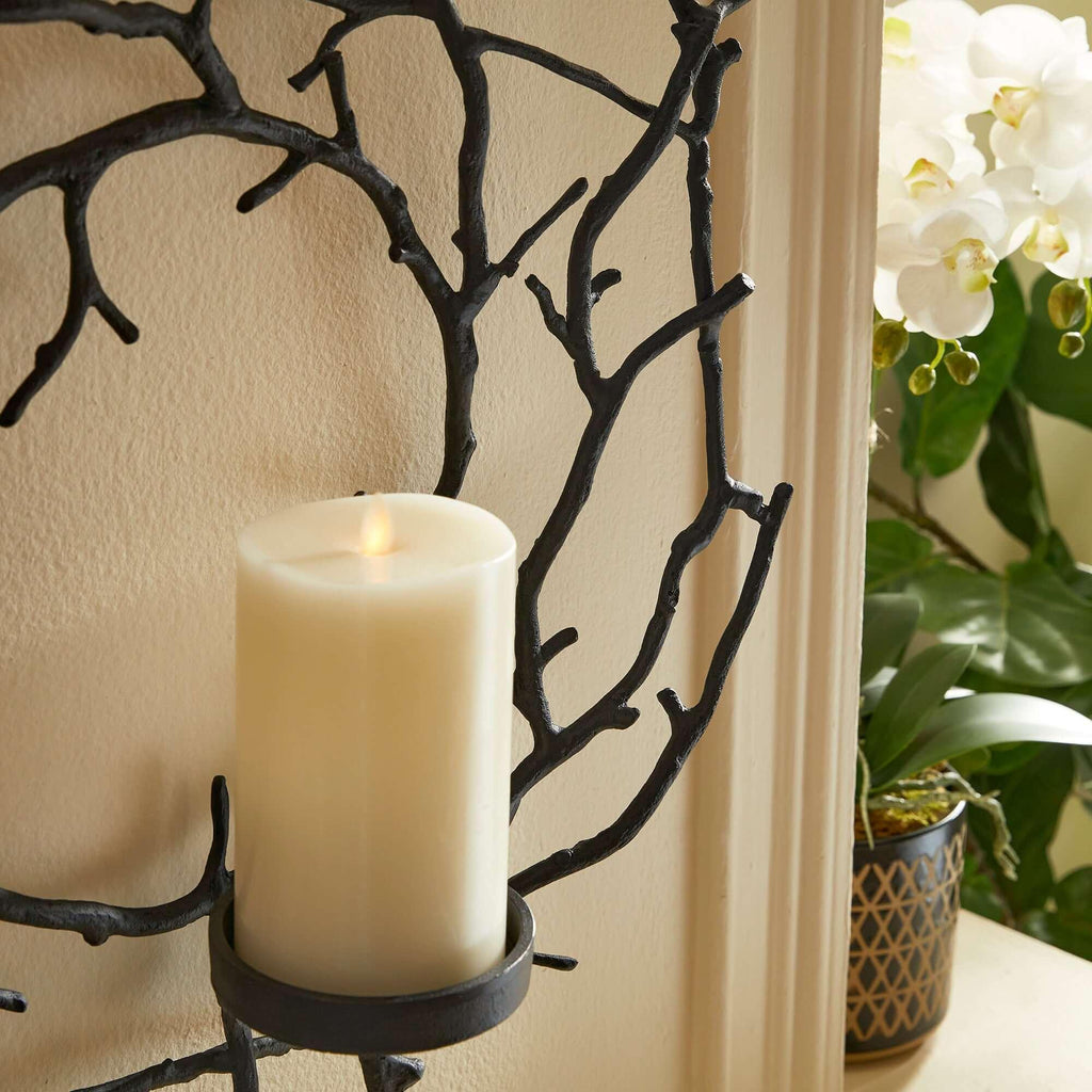 Black branch wall candle holder, circular metal frame - House of Avana