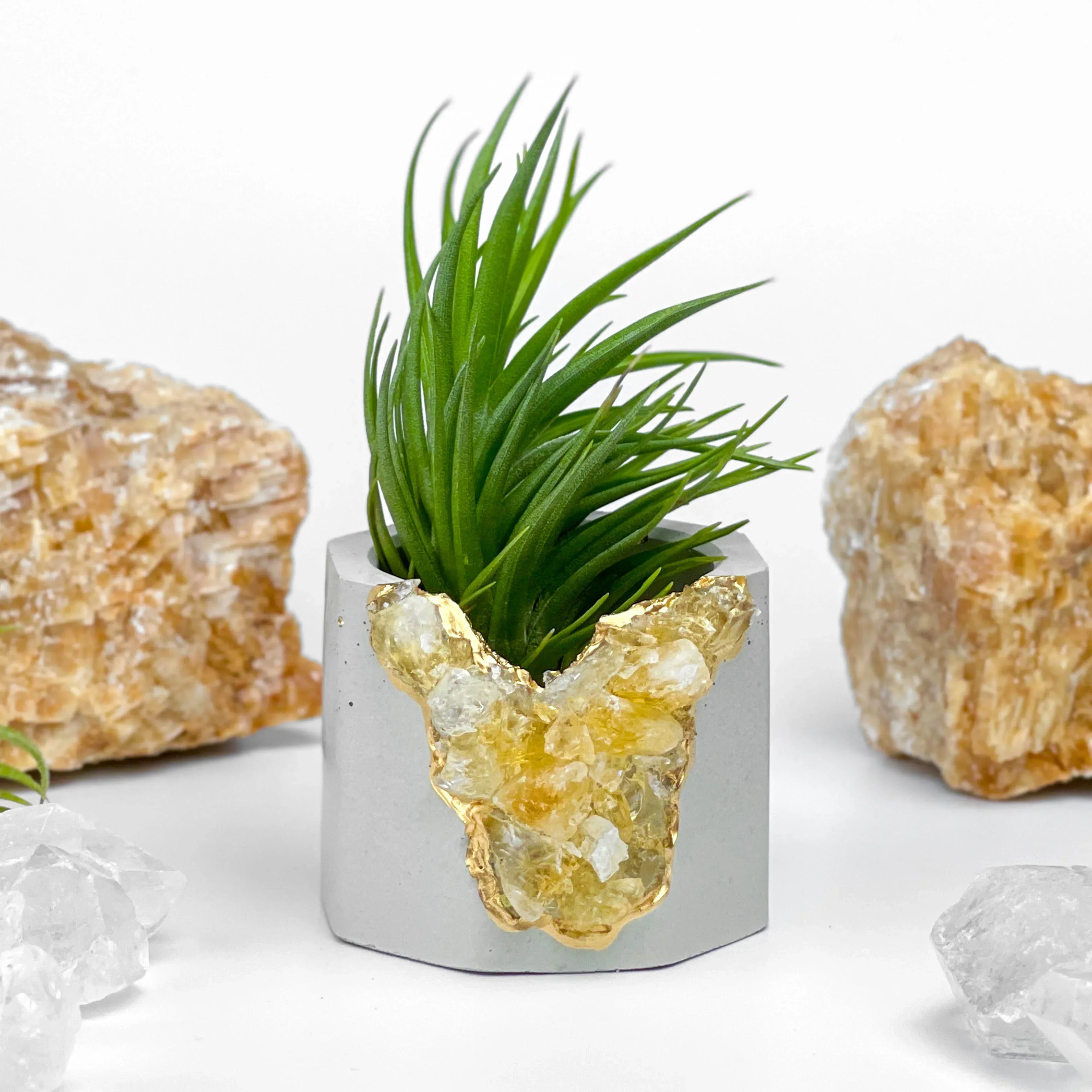 Citrine Geode Planter, Natural Stone Container with Raw Crystal Formation, angled view - House Of Avana
