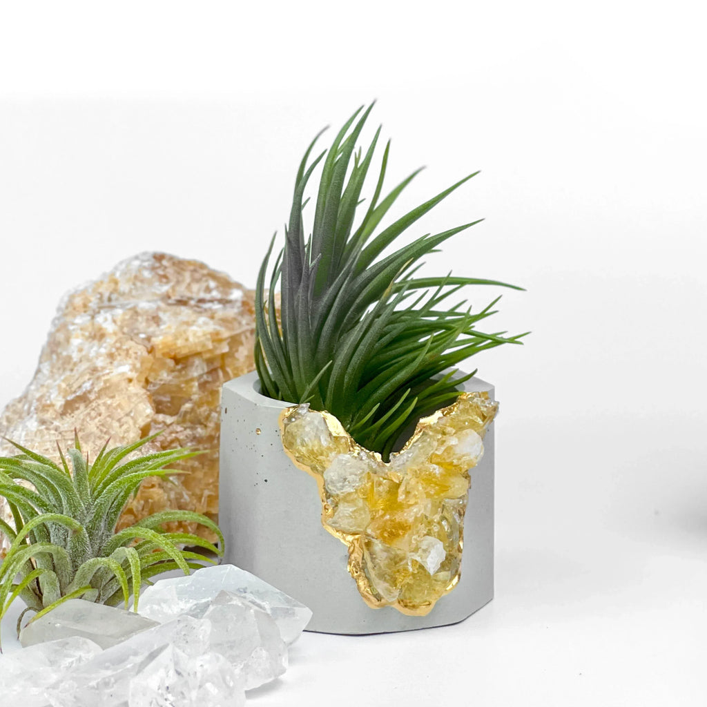 Citrine Geode Planter, Natural Stone Container with Raw Crystal Formation, angled view - House Of Avana