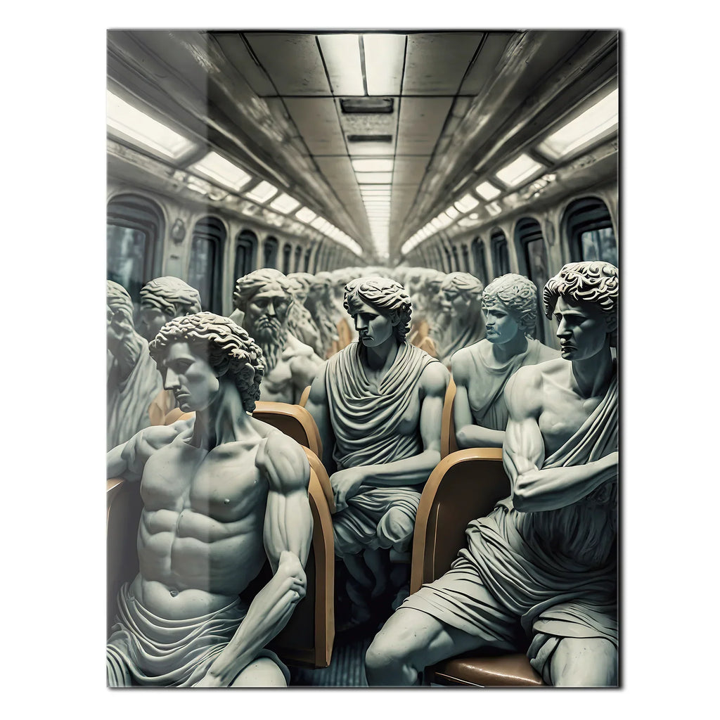 Classical Commuters UV Glass Wall Art – Greek Sculptures on a Subway Ride - KAFCD092 Peony Atelier