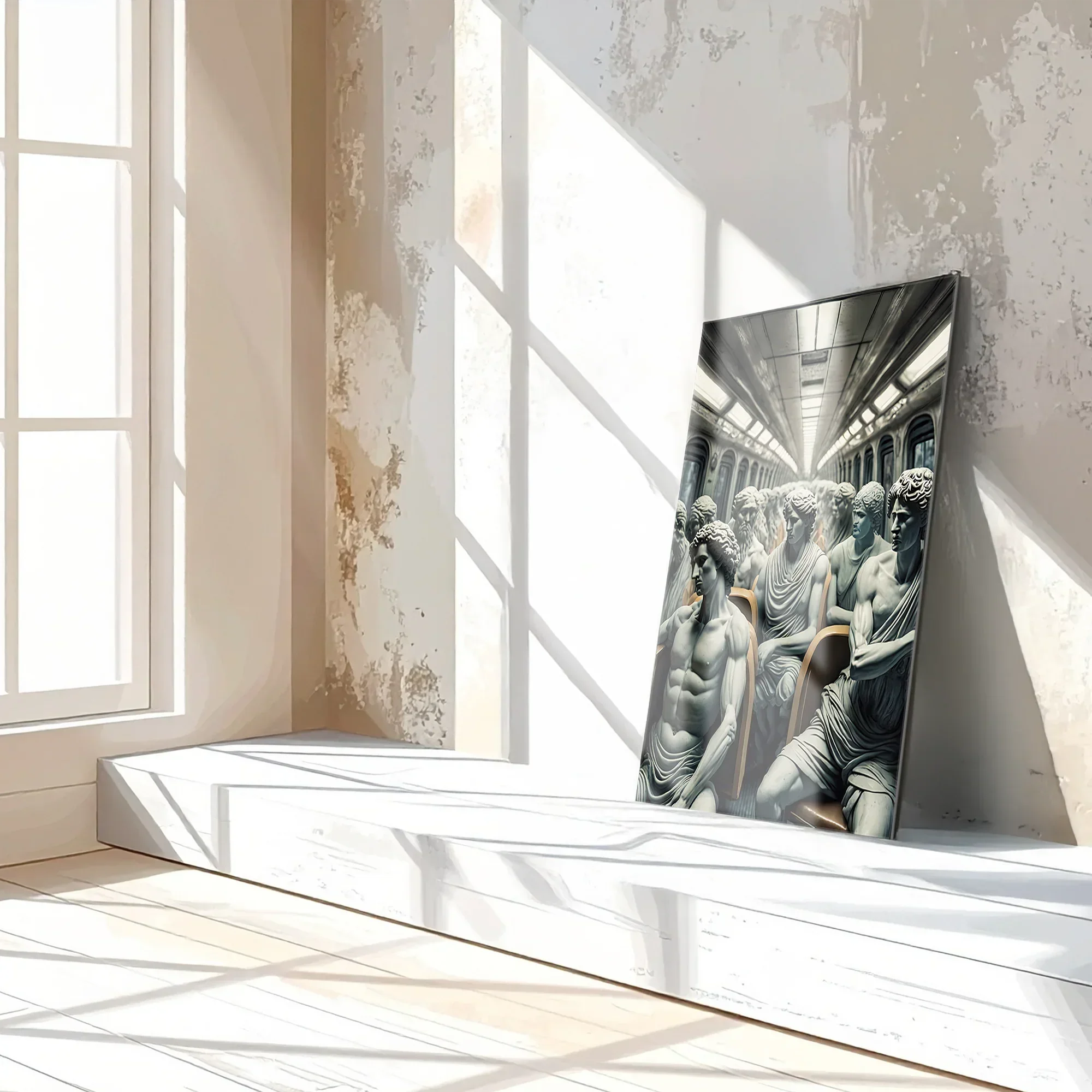 Classical Commuters UV Glass Wall Art – Greek Sculptures on a Subway Ride - KAFCD092 Peony Atelier