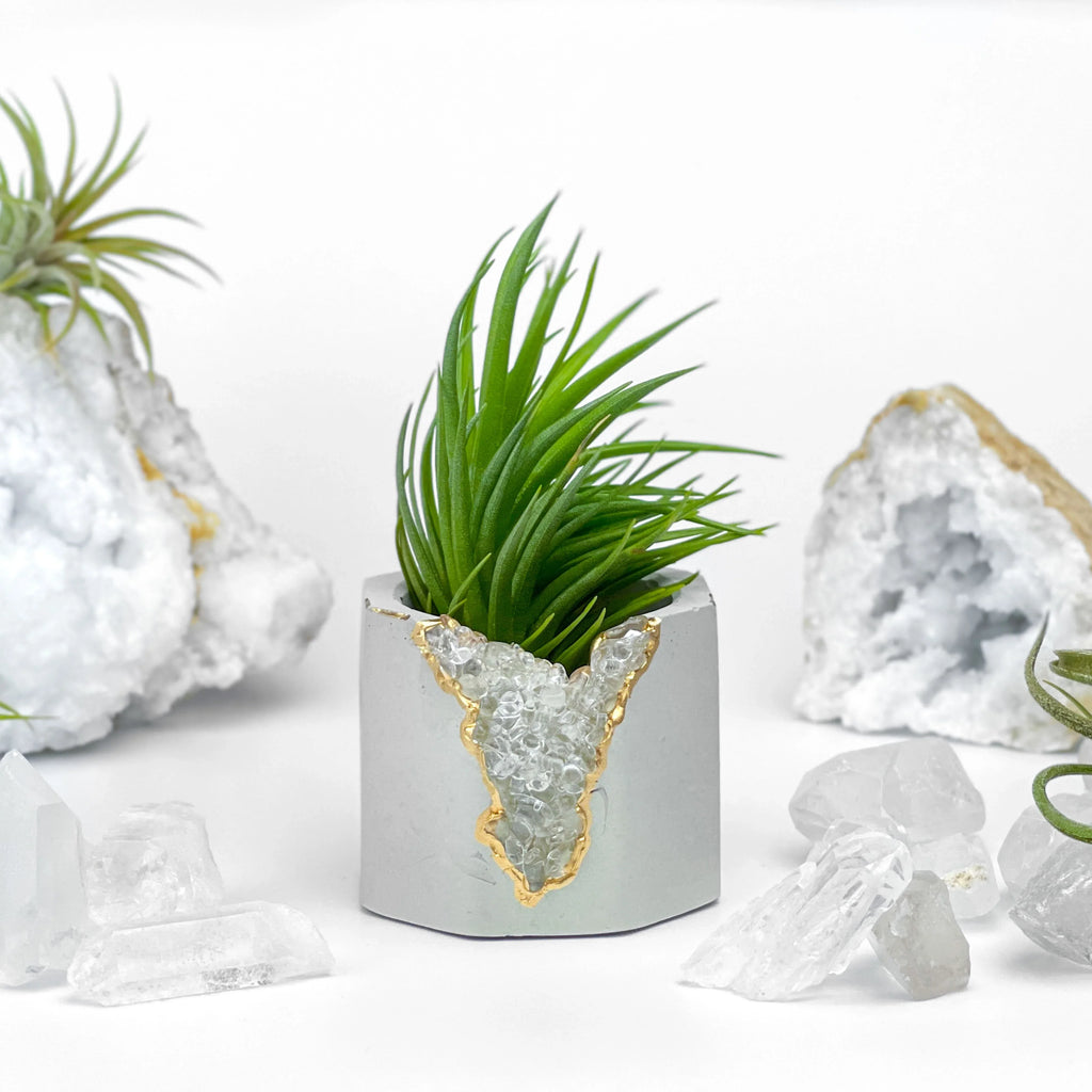 Clear Quartz Geode Planter with Natural Crystal Formation, side view - House Of Avana