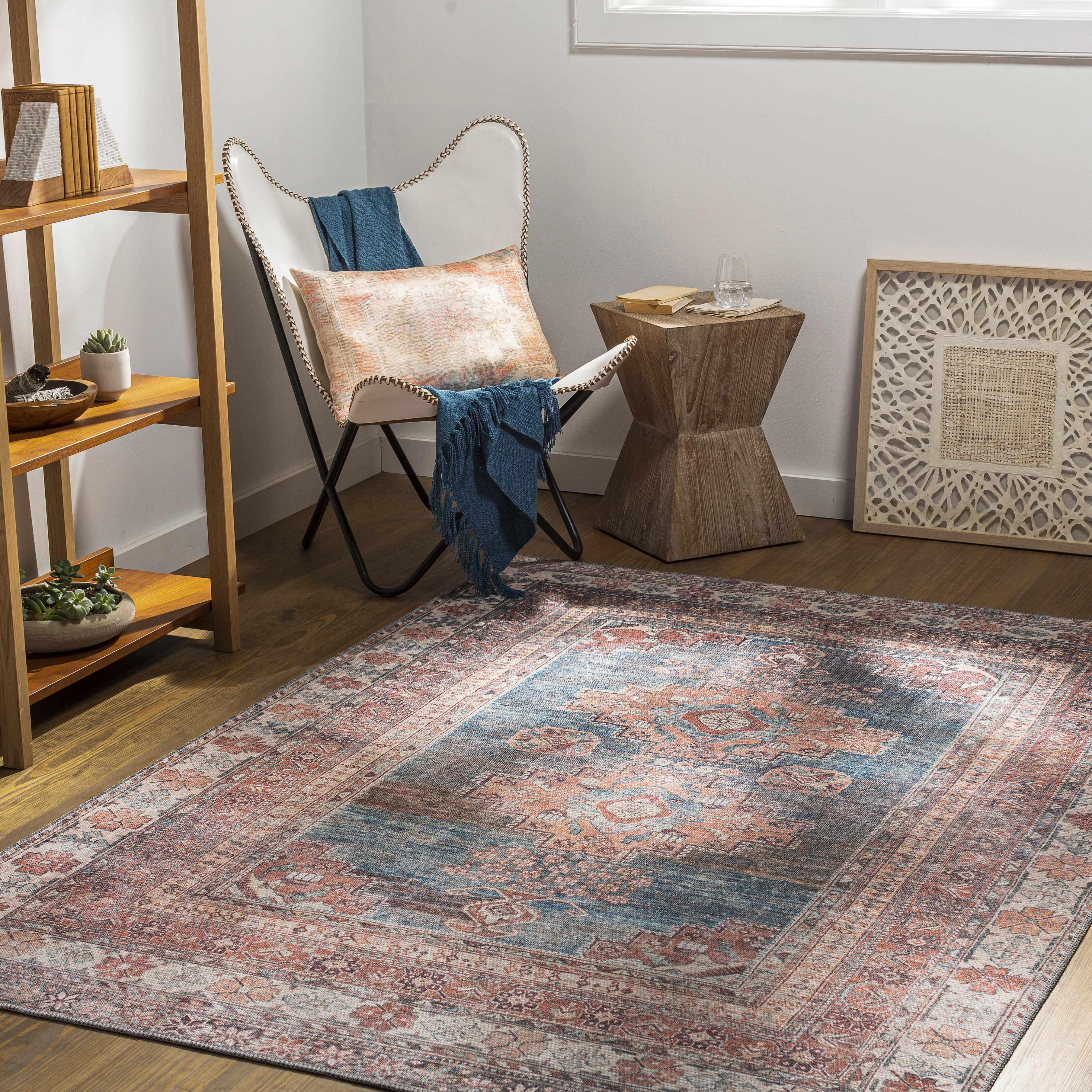 Baltinglass Rust & Blue Washable Area Rug Hauteloom
