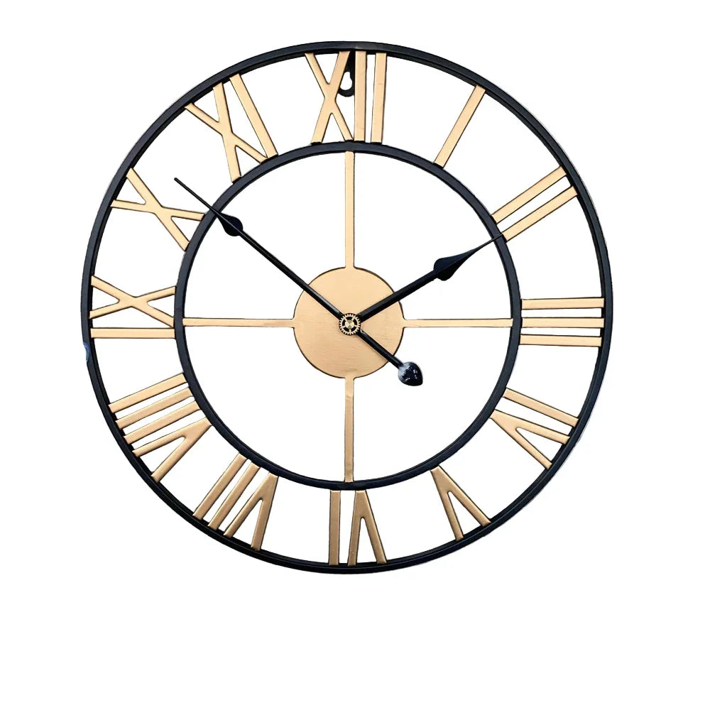Metal Wall Clock with Roman Numerals, Silent Non-ticking Mechanism for Home and Office Decor, angled view - House Of Avana