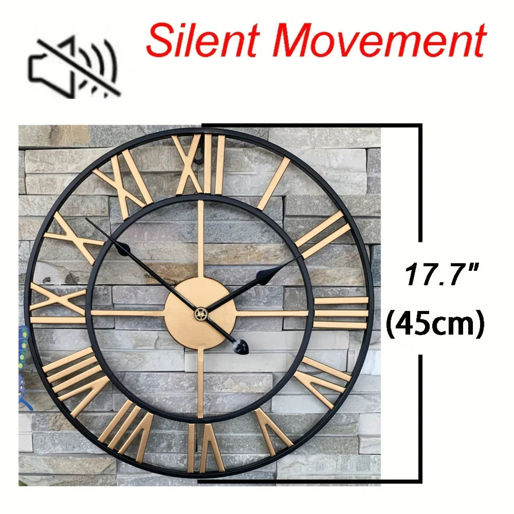 Metal Wall Clock with Roman Numerals, Silent Non-ticking Mechanism for Home and Office Decor, top view - House Of Avana