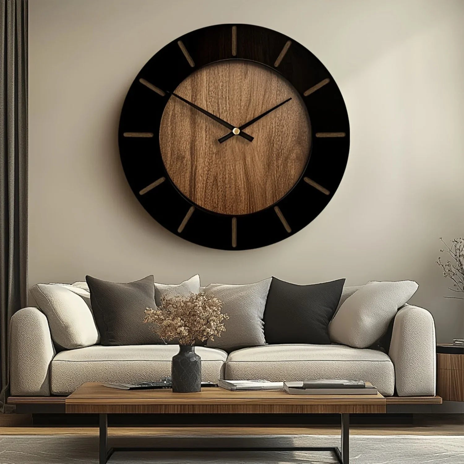 Wooden Silent Wall Clock with Vintage Design, front view - House Of Avana
