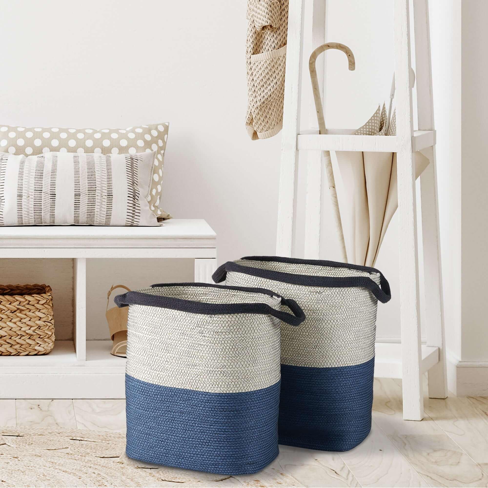 Coastal Blue and Natural Woven Storage Baskets with Handles (Set of 2) Vintage Shopper
