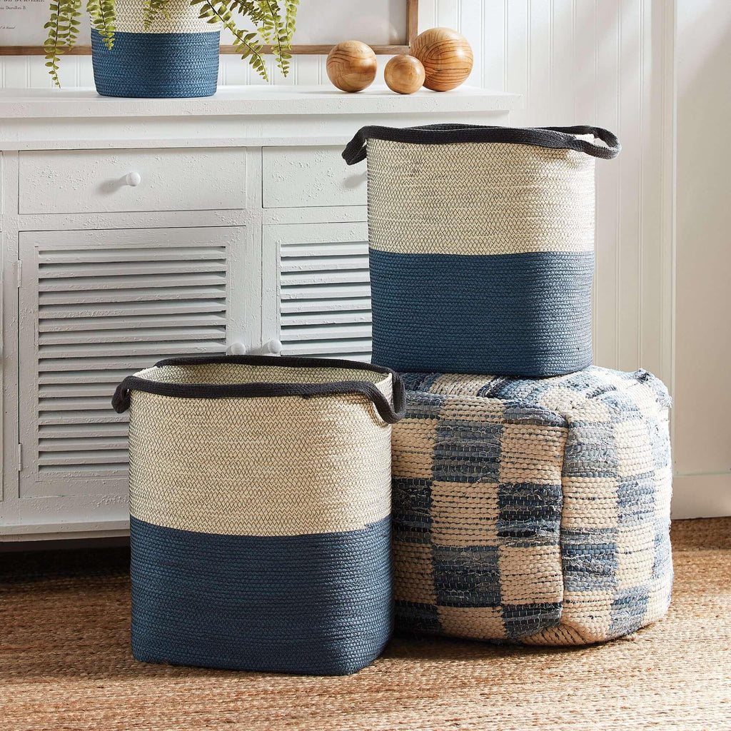 Coastal Blue and Natural Woven Storage Baskets with Handles (Set of 2) Vintage Shopper