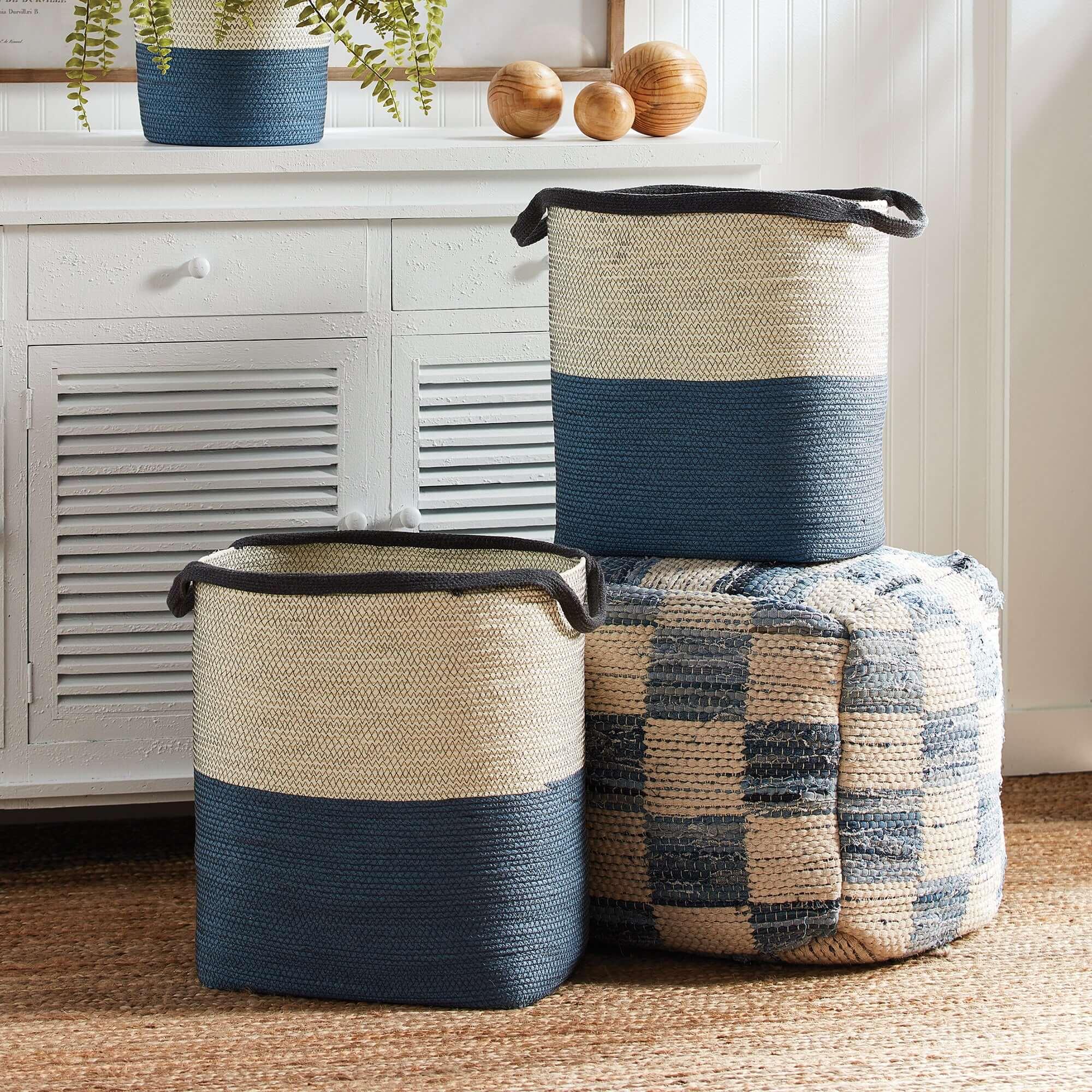 Coastal Blue and Natural Woven Storage Baskets with Handles (Set of 2) Vintage Shopper