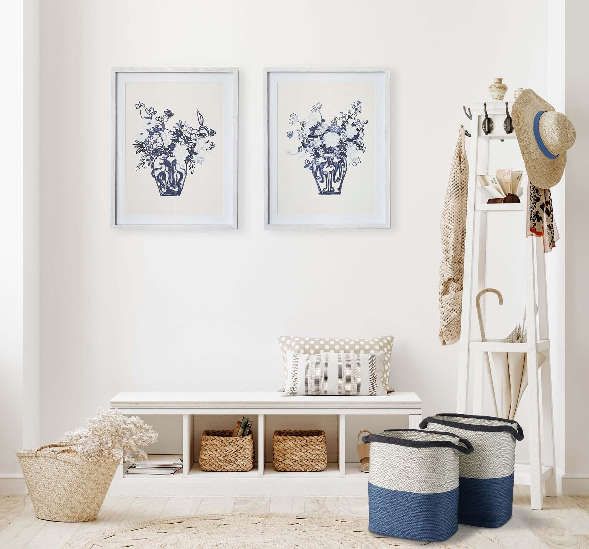 Coastal Blue and Natural Woven Storage Baskets with Handles (Set of 2) Vintage Shopper