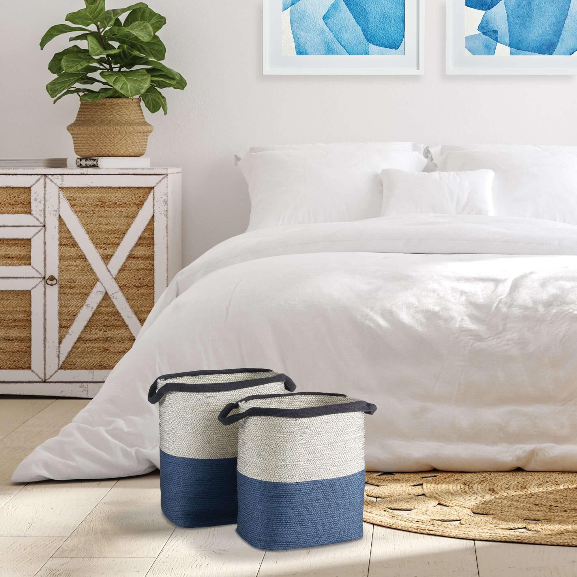 Coastal Blue and Natural Woven Storage Baskets with Handles (Set of 2) Vintage Shopper