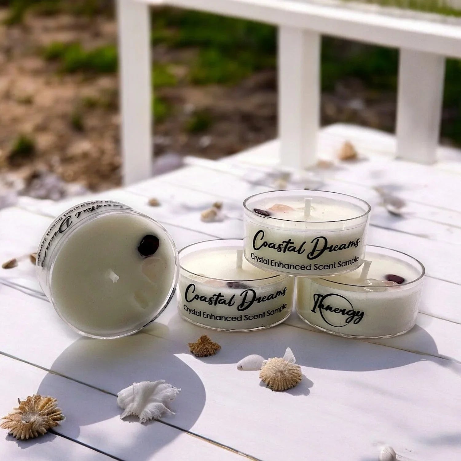 Clear glass tea light holder with white coconut-soy wax candle, crystal accent - House of Avana