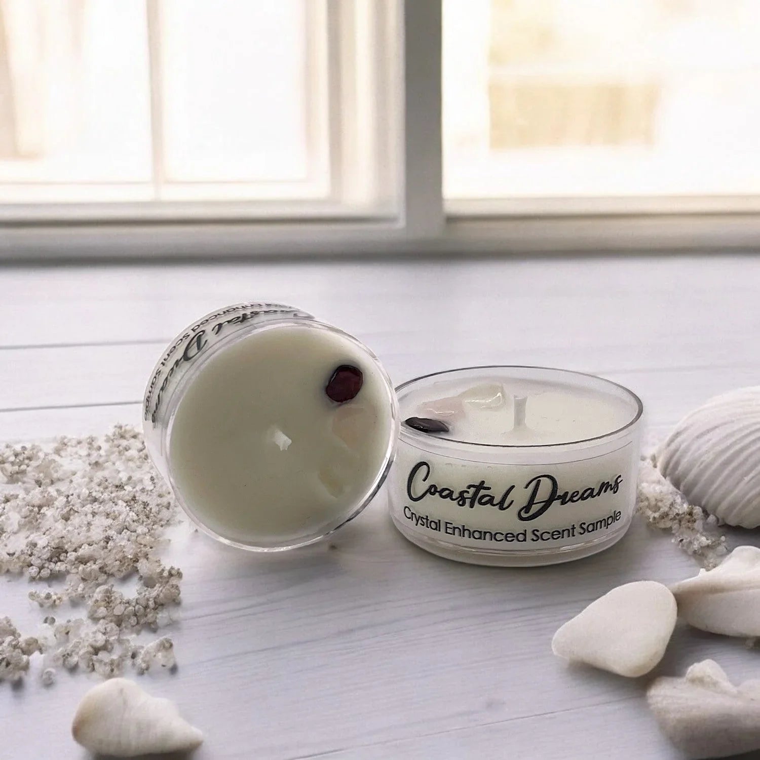 Clear glass tea light holder with white coconut-soy wax candle, crystal accent - House of Avana