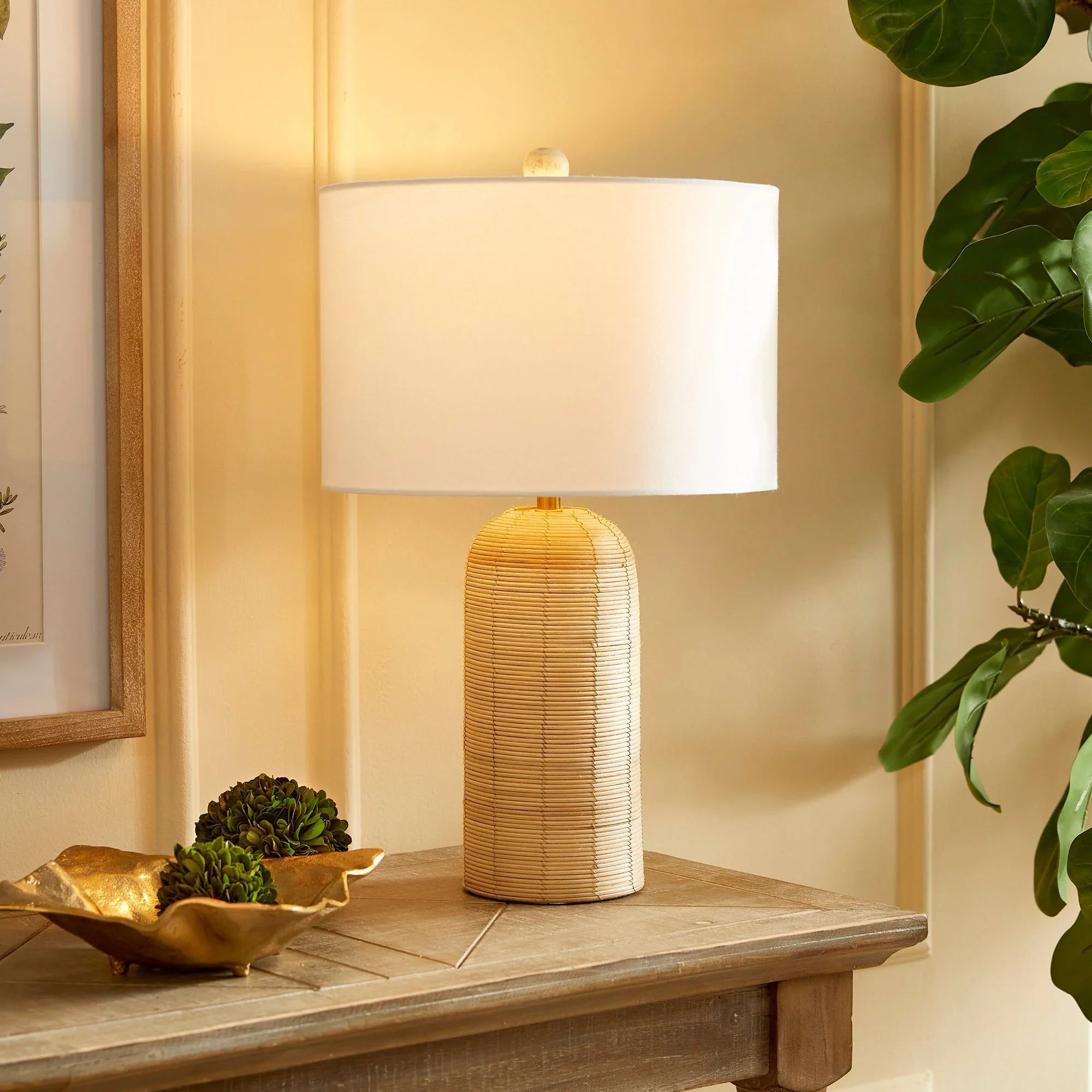 Coastal Woven Rattan Table Lamp with White Drum Shade Vintage Shopper