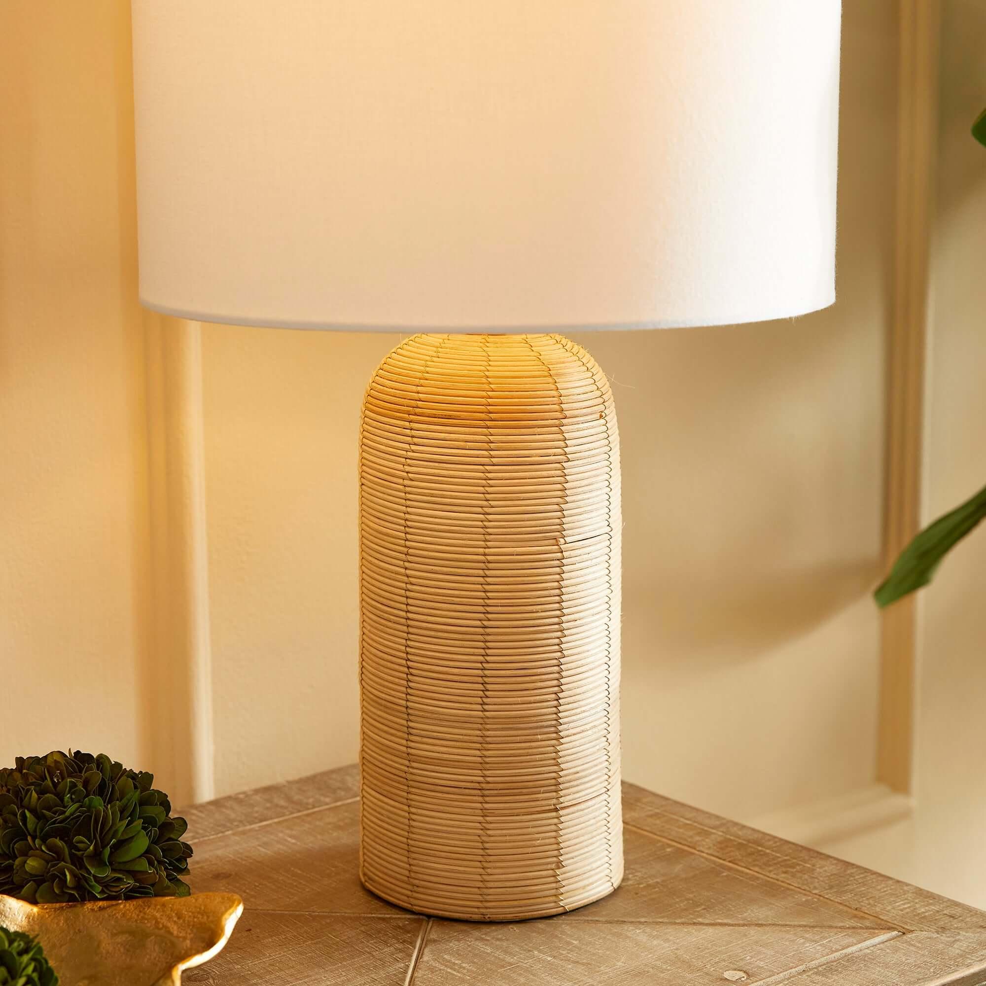 Coastal Woven Rattan Table Lamp with White Drum Shade Vintage Shopper