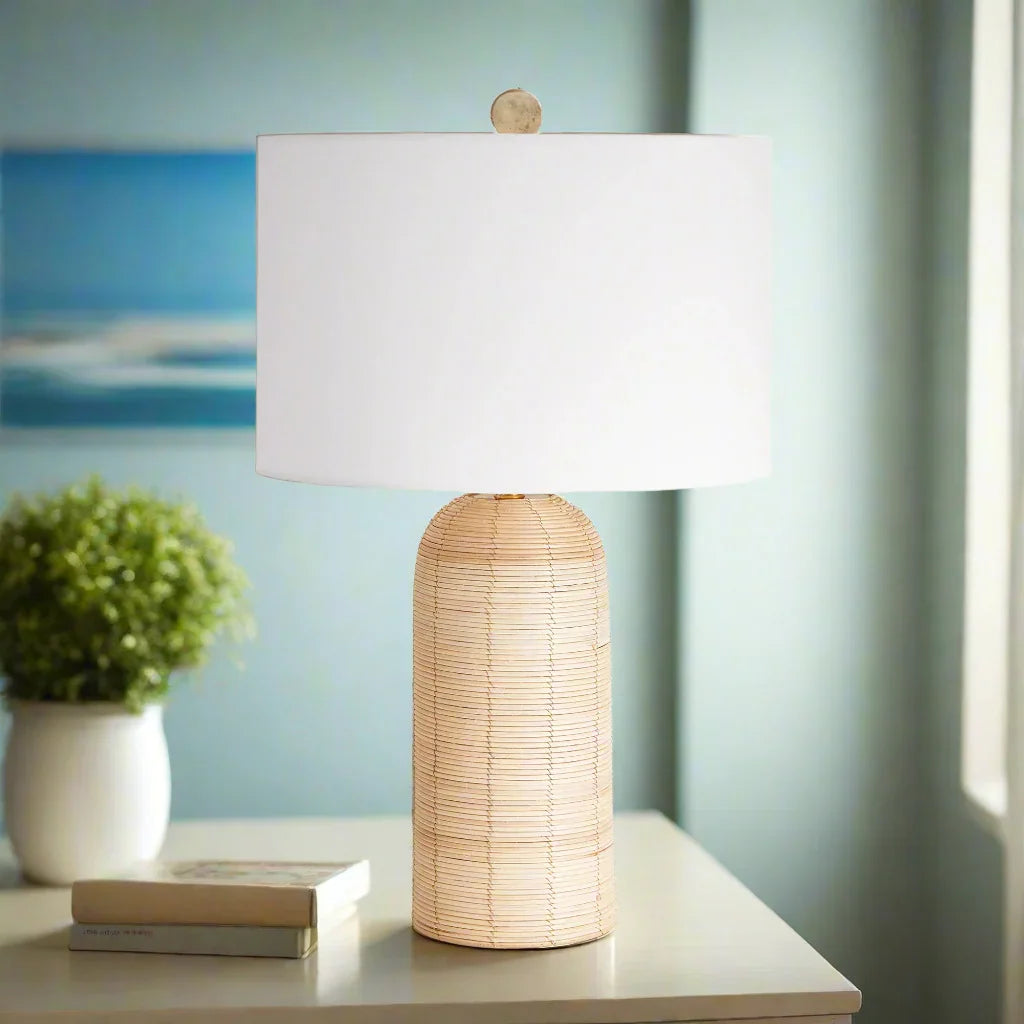 Coastal Woven Rattan Table Lamp with White Drum Shade Vintage Shopper