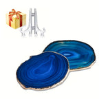 [Blue Agate Geode Coasters] 2pcs Blue Agate Geode Coasters with Golden Edges - Natural Stone, Perfect for Coffee Mugs & Home Decor, Ideal Gift for Housewarming, Anniversary, Wedding, Birthday, Christmas, Thanksgiving, Easter, House Of Avana [[SKU:HOA-TBL-004]]