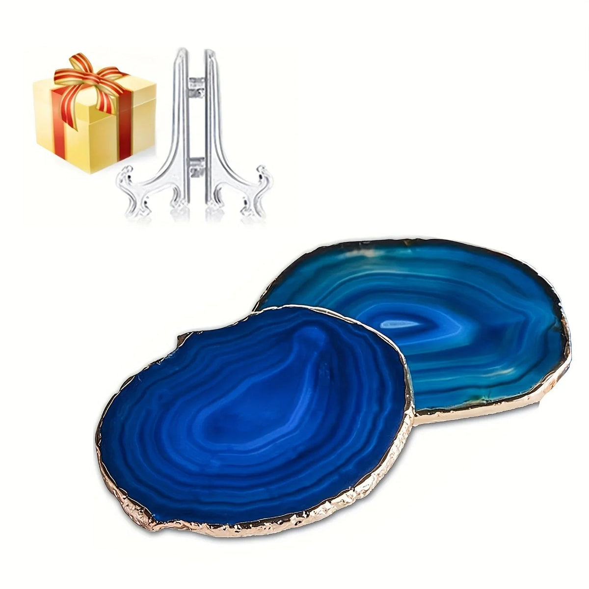 [Blue Agate Geode Coasters] 2pcs Blue Agate Geode Coasters with Golden Edges - Natural Stone, Perfect for Coffee Mugs & Home Decor, Ideal Gift for Housewarming, Anniversary, Wedding, Birthday, Christmas, Thanksgiving, Easter, House Of Avana [[SKU:HOA-TBL-004]]