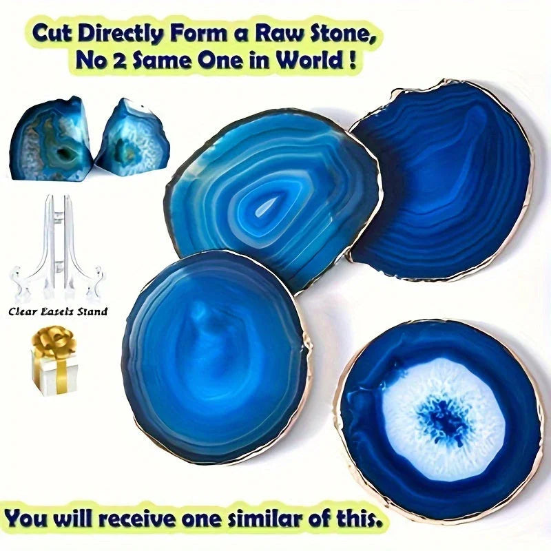 [Blue Agate Geode Coasters] 2pcs Blue Agate Geode Coasters with Golden Edges - Natural Stone, Perfect for Coffee Mugs & Home Decor, Ideal Gift for Housewarming, Anniversary, Wedding, Birthday, Christmas, Thanksgiving, Easter, House Of Avana [[SKU:HOA-TBL-004]]