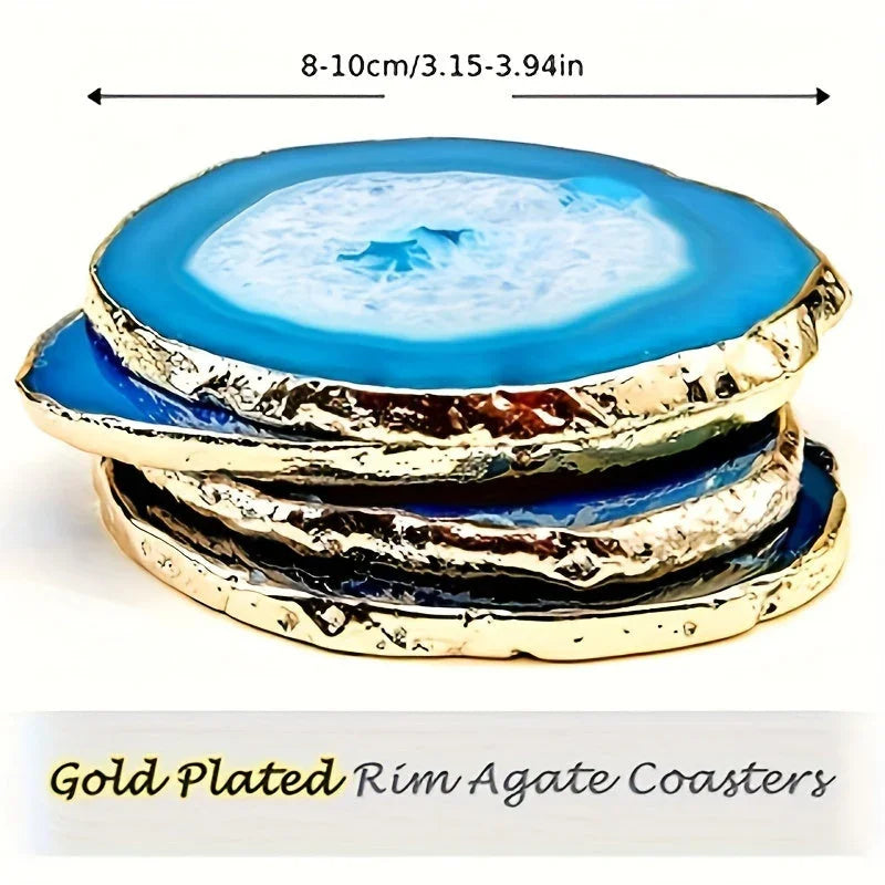 [Blue Agate Geode Coasters] 2pcs Blue Agate Geode Coasters with Golden Edges - Natural Stone, Perfect for Coffee Mugs & Home Decor, Ideal Gift for Housewarming, Anniversary, Wedding, Birthday, Christmas, Thanksgiving, Easter, House Of Avana