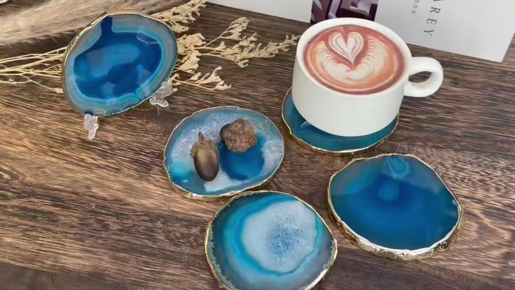 [Blue Agate Geode Coasters] 2pcs Blue Agate Geode Coasters with Golden Edges - Natural Stone, Perfect for Coffee Mugs & Home Decor, Ideal Gift for Housewarming, Anniversary, Wedding, Birthday, Christmas, Thanksgiving, Easter, House Of Avana