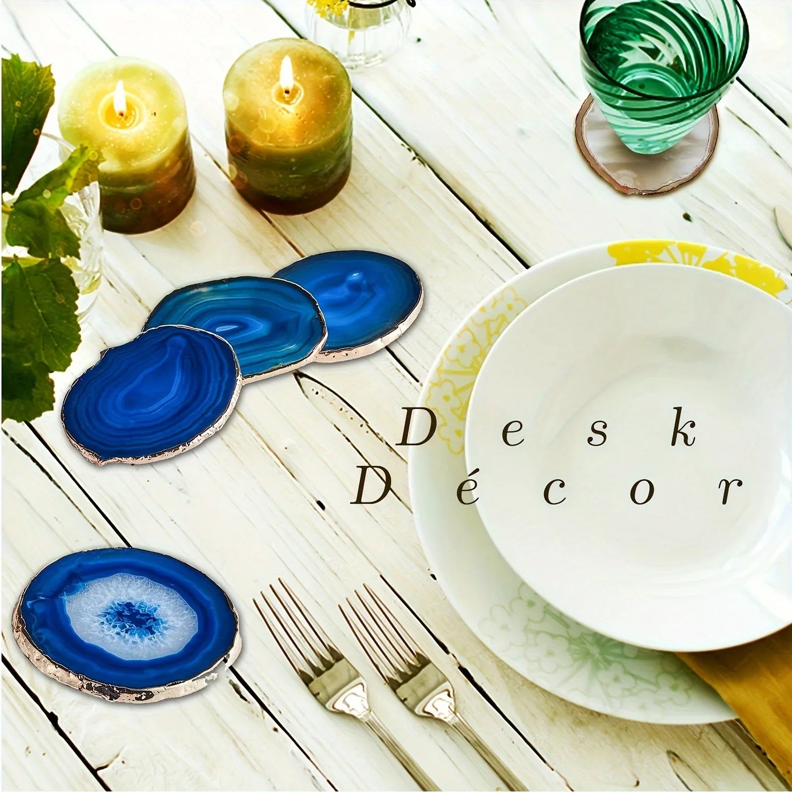 [Blue Agate Geode Coasters] 2pcs Blue Agate Geode Coasters with Golden Edges - Natural Stone, Perfect for Coffee Mugs & Home Decor, Ideal Gift for Housewarming, Anniversary, Wedding, Birthday, Christmas, Thanksgiving, Easter, House Of Avana