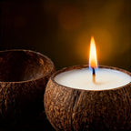Natural coconut shell candle in brown soy wax, rustic coconut bowl holder - House of Avana
