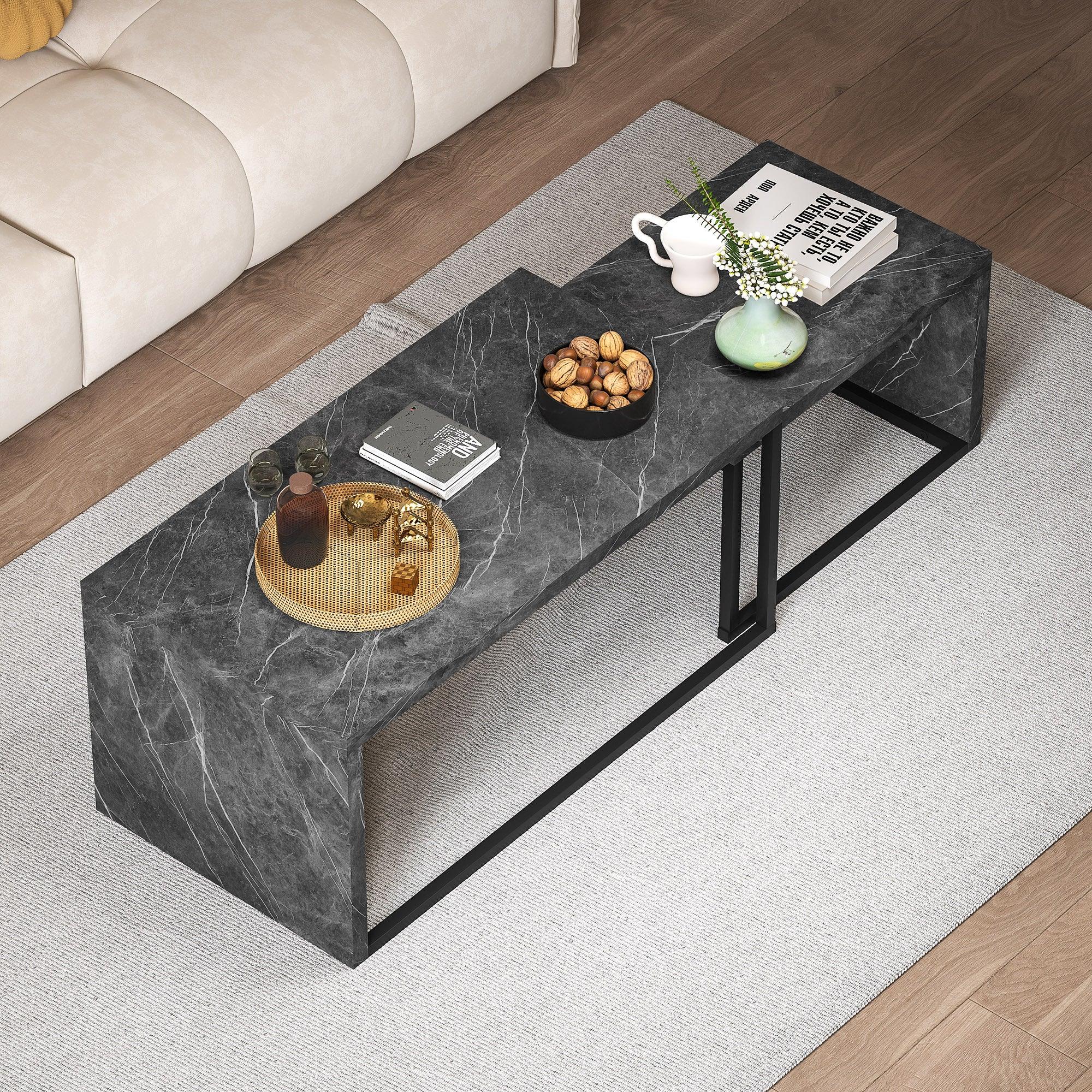 Coffee Tables Nesting Table Set of Side Table W/ Metal Frame for Living Room Bedroom Black & Brown - House Of Avana