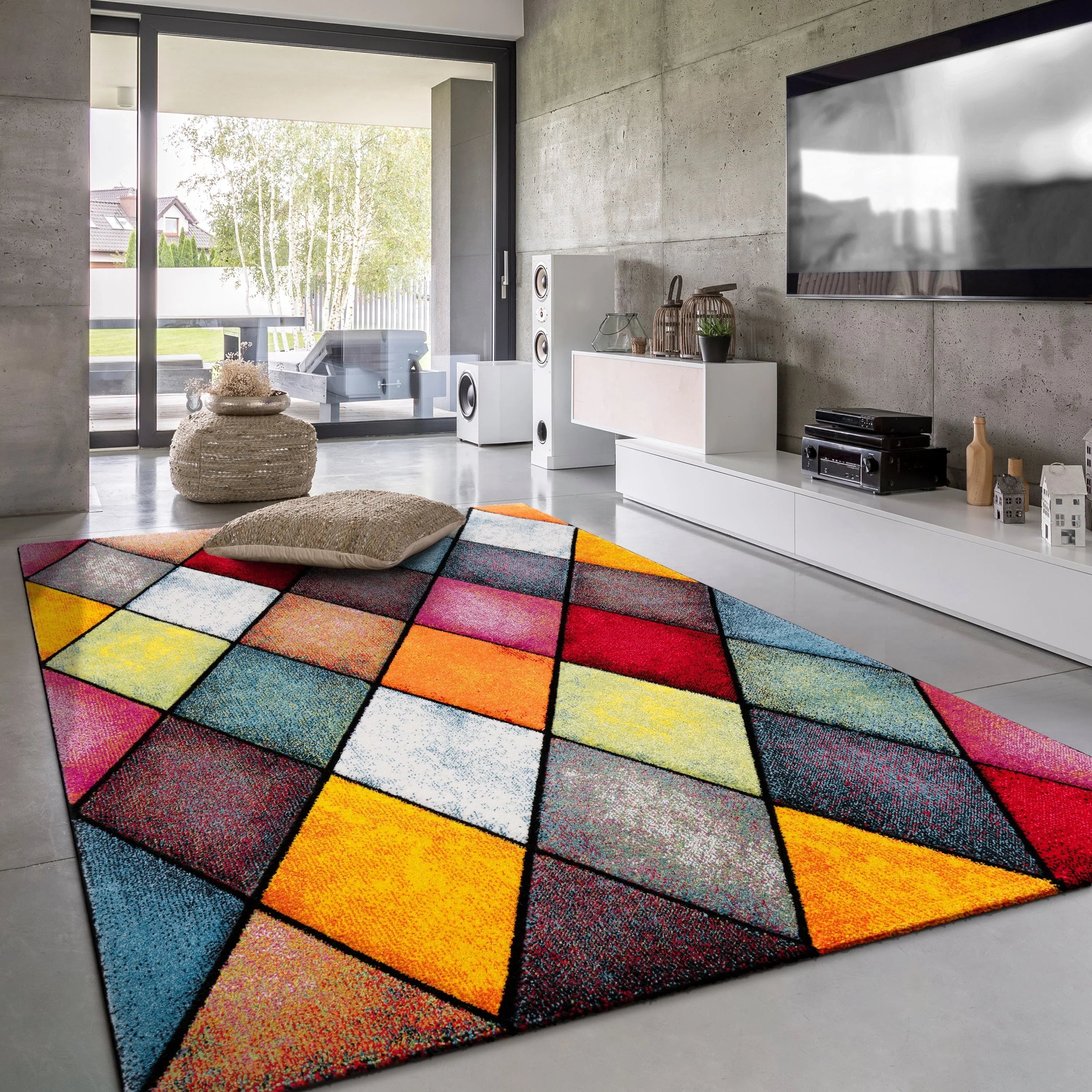 Colorful Area Rug Smaragd Checkered With Multicolor Diamonds RugYourHome