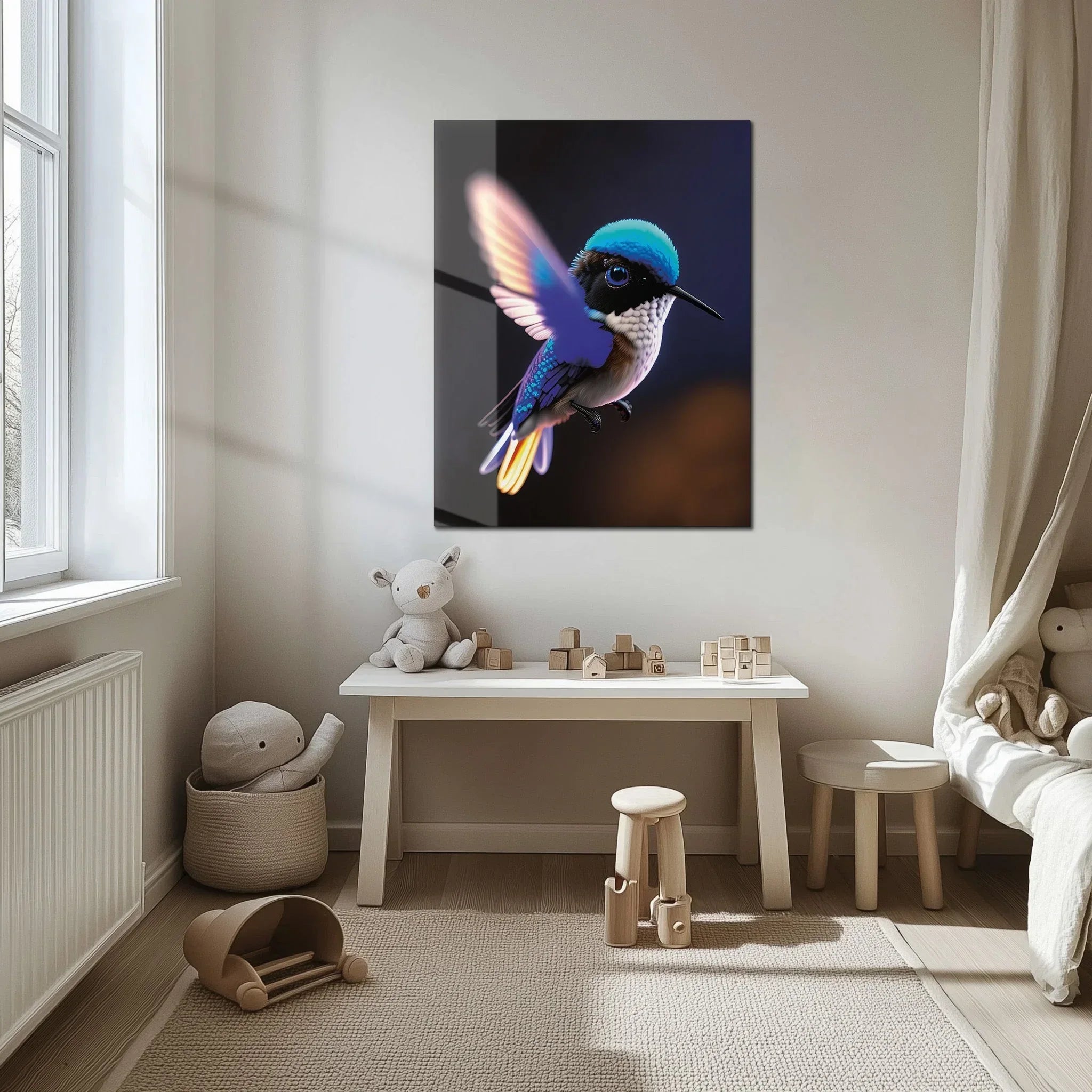 Colorful Hummingbird Glass Wall Art – Vibrant Nature-Inspired UV Print-KAFCD002 Peony Atelier