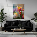Colorful Tulip Bouquet Glass Wall Art – Vibrant Spring Floral UV Print-KAFCD049 Peony Atelier