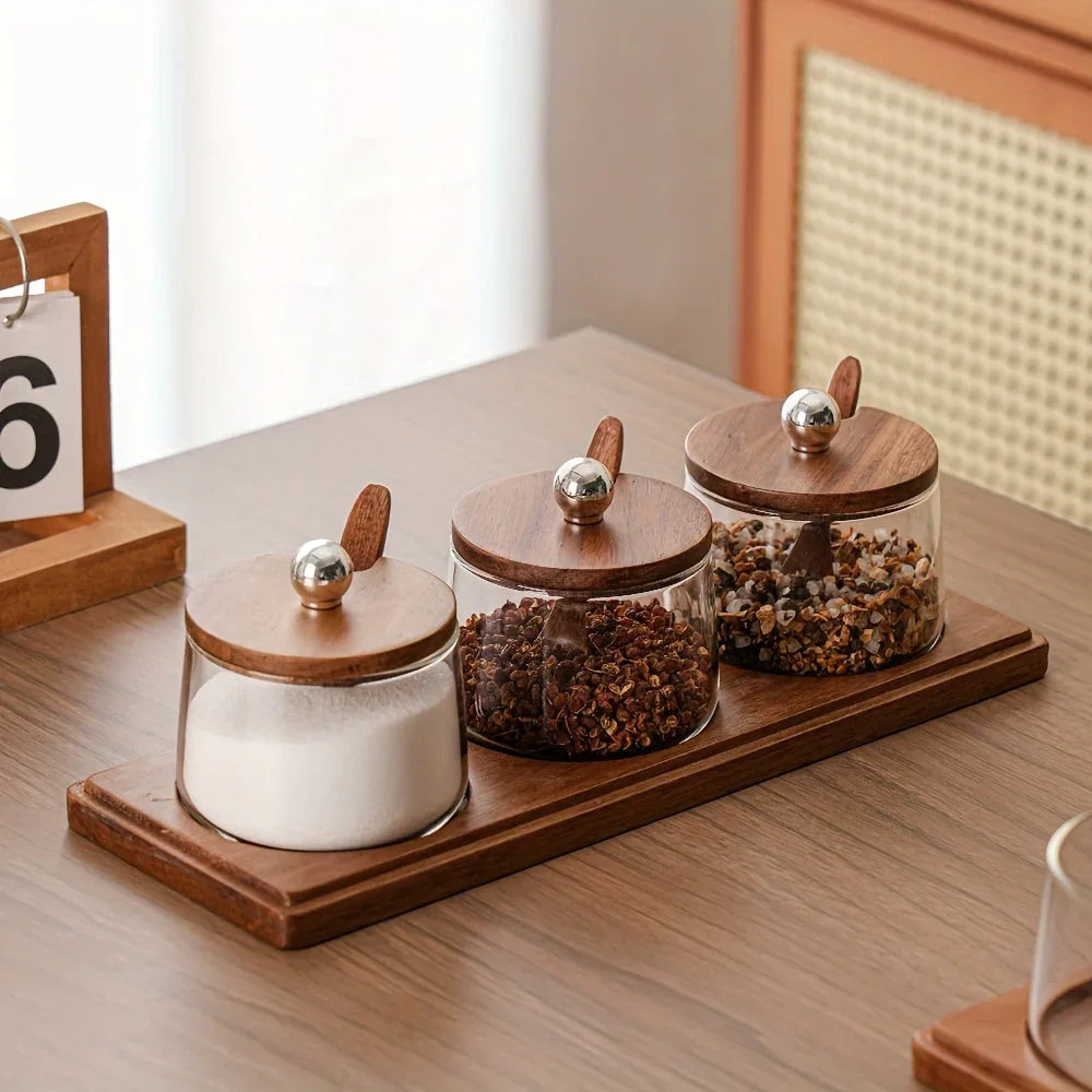 A Complete Kitchen Condiment Pot Set with a Spoon and a Acacia Wood Tray. the Jars Are Home Combination... - House Of Avana [[SKU:HOA-KAC-408]]