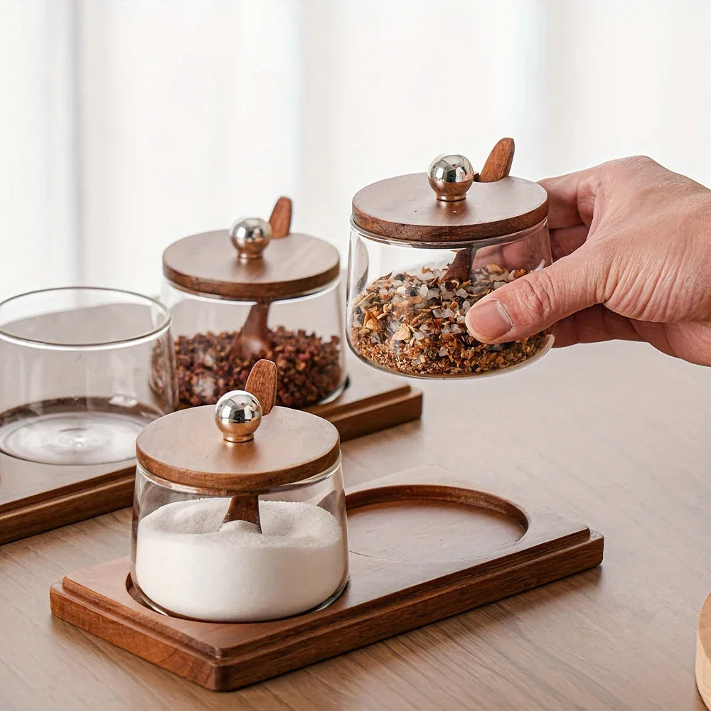 A Complete Kitchen Condiment Pot Set with a Spoon and a Acacia Wood Tray. the Jars Are Home Combination... - House Of Avana [[SKU:HOA-KAC-408]]