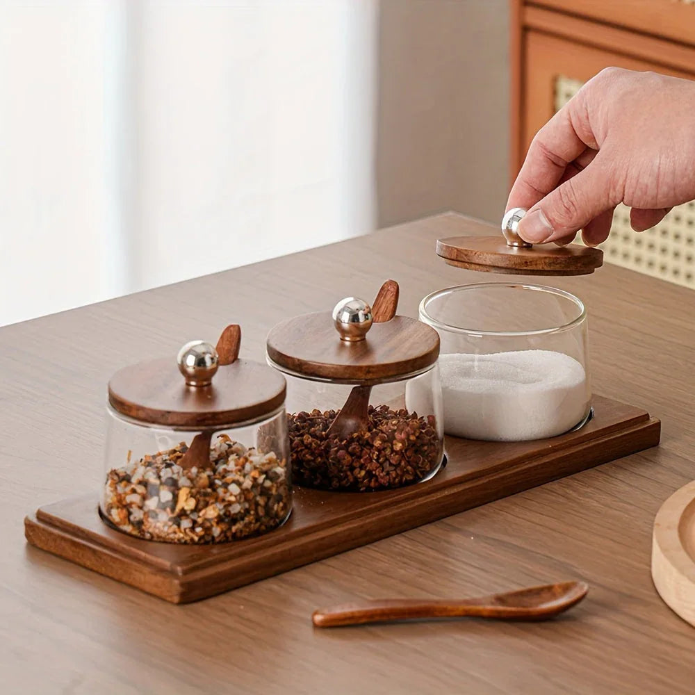 A Complete Kitchen Condiment Pot Set with a Spoon and a Acacia Wood Tray. the Jars Are Home Combination... - House Of Avana