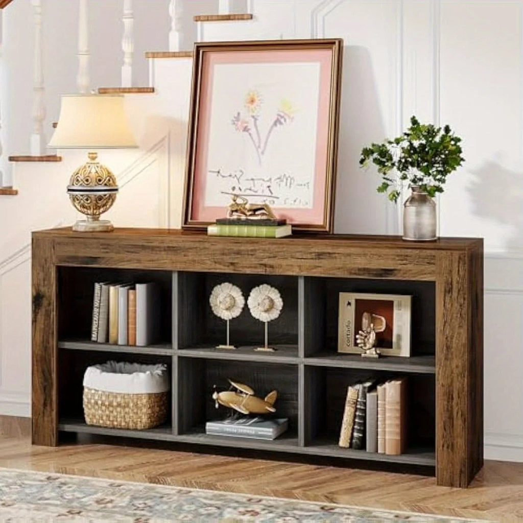 63-inch Long Rustic Wood Console Table with Storage Cubes – Modern Narrow Sofa Table for Living Room,... - House Of Avana [[SKU:HOA-CON-004]]