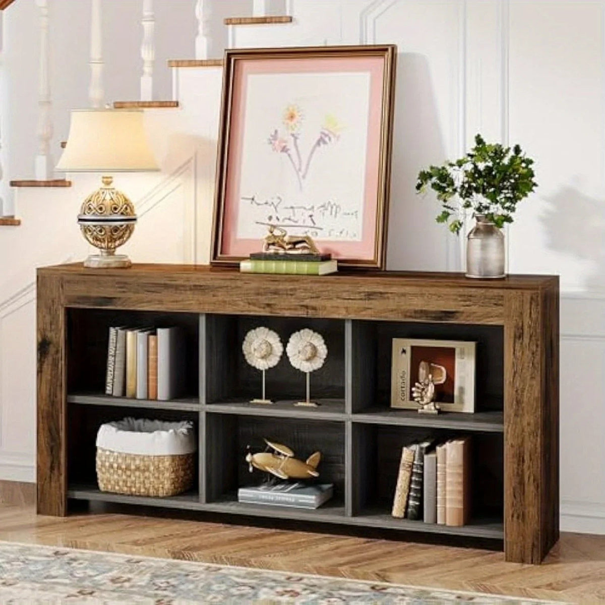 63-inch Long Rustic Wood Console Table with Storage Cubes – Modern Narrow Sofa Table for Living Room,... - House Of Avana [[SKU:HOA-CON-004]]