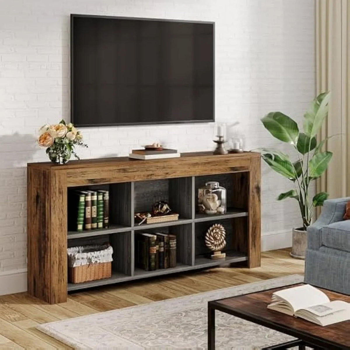 63-inch Long Rustic Wood Console Table with Storage Cubes – Modern Narrow Sofa Table for Living Room,... - House Of Avana [[SKU:HOA-CON-004]]