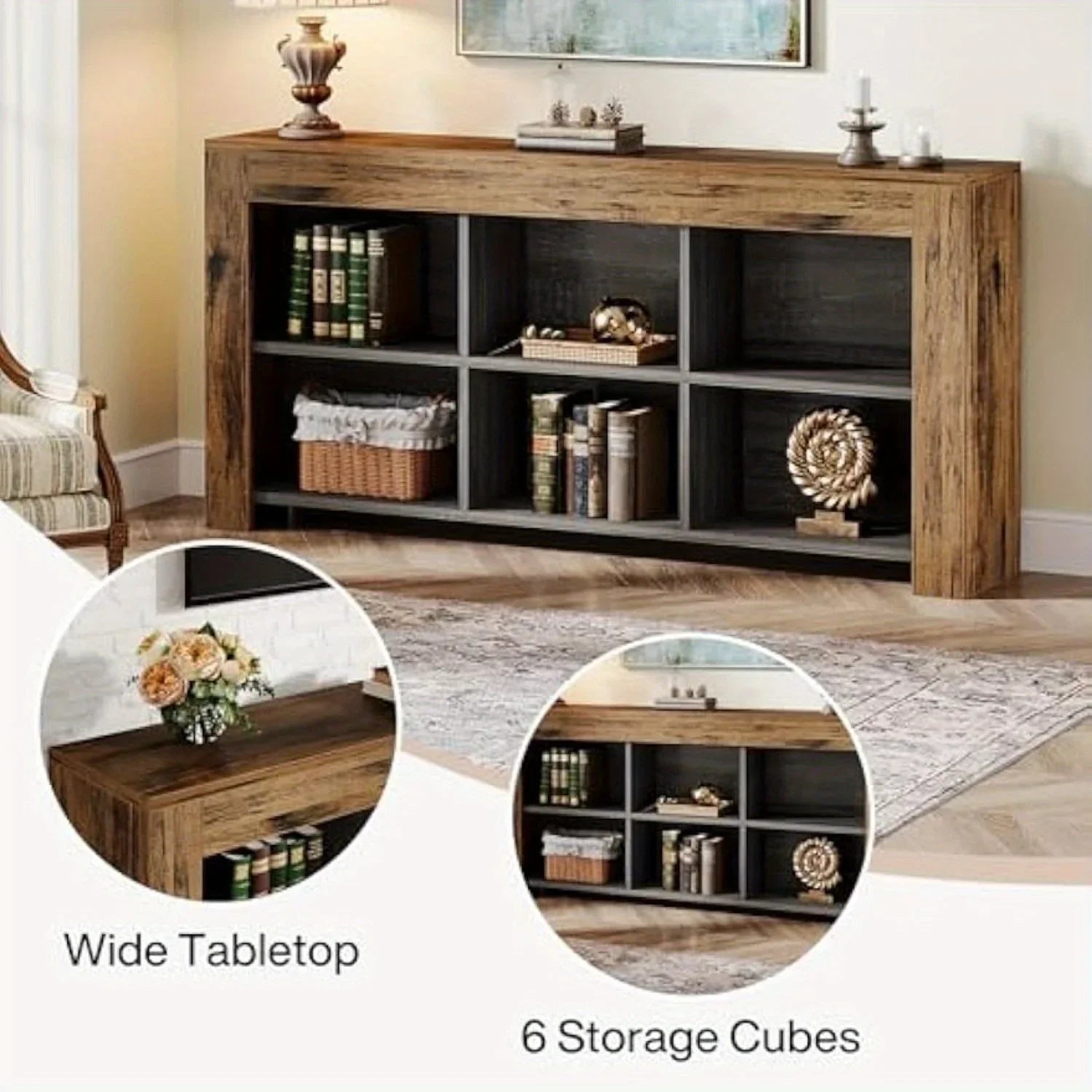 63-inch Long Rustic Wood Console Table with Storage Cubes – Modern Narrow Sofa Table for Living Room,... - House Of Avana