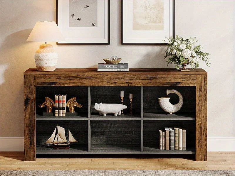63-inch Long Rustic Wood Console Table with Storage Cubes – Modern Narrow Sofa Table for Living Room,... - House Of Avana [[SKU:HOA-CON-004]]