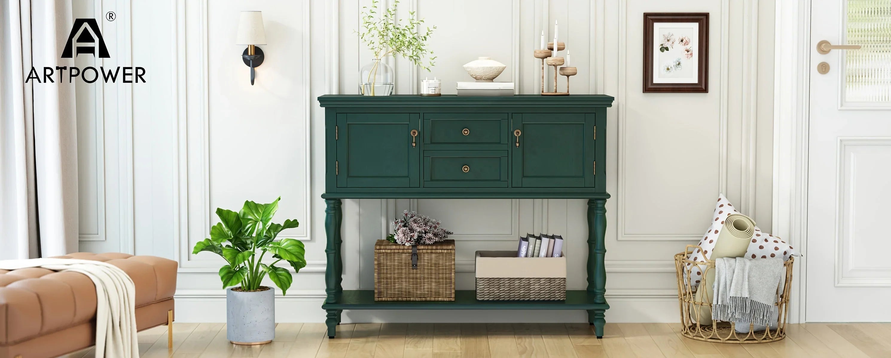 Console Table With 2 Drawers, Retro Entryway Table With 2 Door Cabinets And Open Storage Shelf, Narrow Long Sofa Table, Behind Couch Table For Living Room, Foyer And Hallway House Of Avana