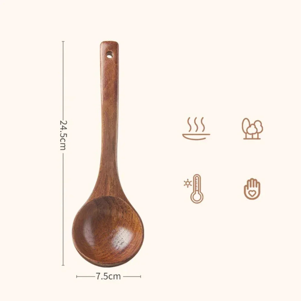 A smooth medium brown wooden cooking spoon with a rounded bowl and a hole on the handle in eco friendly design