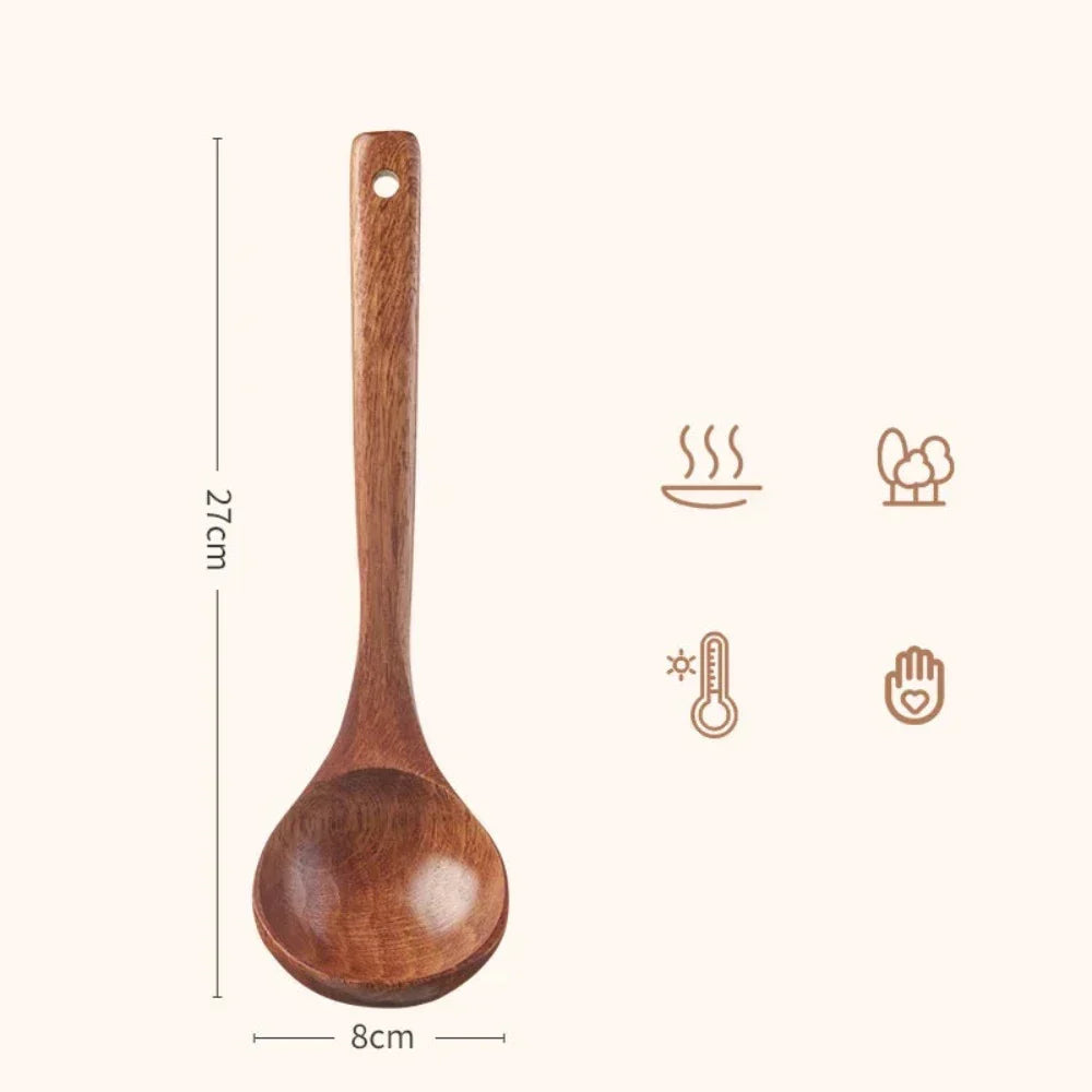 A smooth rich brown eco friendly wooden cooking spoon with a rounded bowl and a hole in the handle
