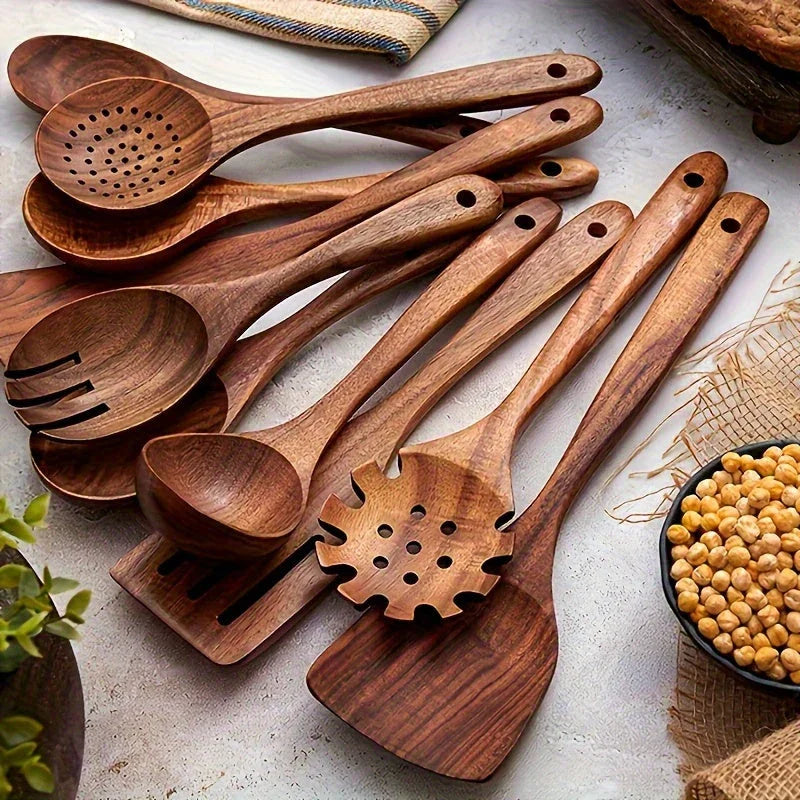 S Premium Teak Wood Cookware Set- Non-stick Friendly, Heat-resistant, Ergonomic Handle, Comfortable... - House Of Avana