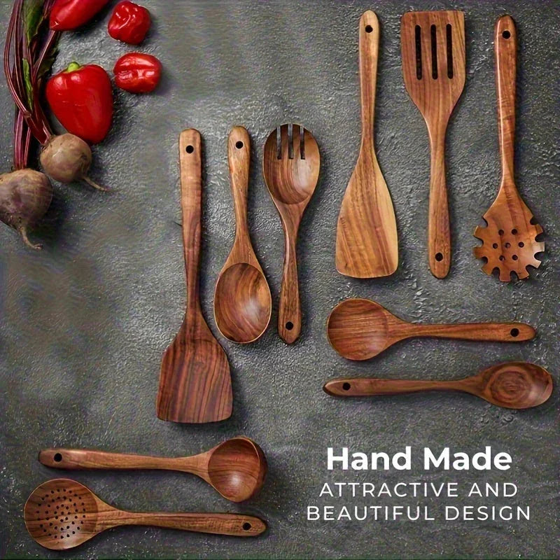 S Premium Teak Wood Cookware Set- Non-stick Friendly, Heat-resistant, Ergonomic Handle, Comfortable... - House Of Avana