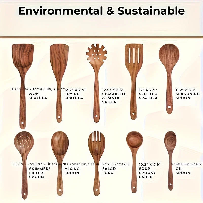S Premium Teak Wood Cookware Set- Non-stick Friendly, Heat-resistant, Ergonomic Handle, Comfortable... - House Of Avana