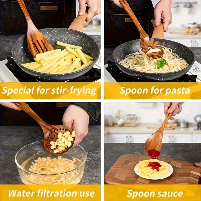 S Premium Teak Wood Cookware Set- Non-stick Friendly, Heat-resistant, Ergonomic Handle, Comfortable... - House Of Avana
